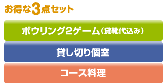 お得な3点セット［ボウリング2ゲーム（貸靴代込み）］［貸し切り個室］［コース料理］